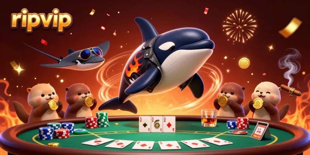Experience thrilling gambling action with ripvip featuring an orca and sea otters in an energetic casino scene.