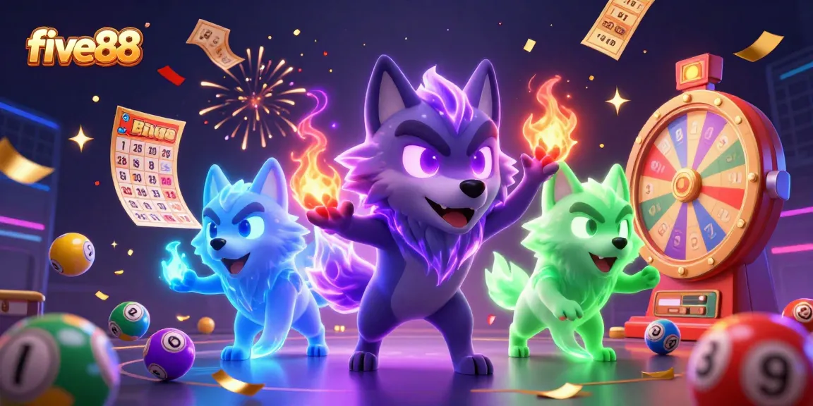 Play exciting lottery games with five88 featuring a dynamic scene of ghostly wolves and colorful lottery elements.