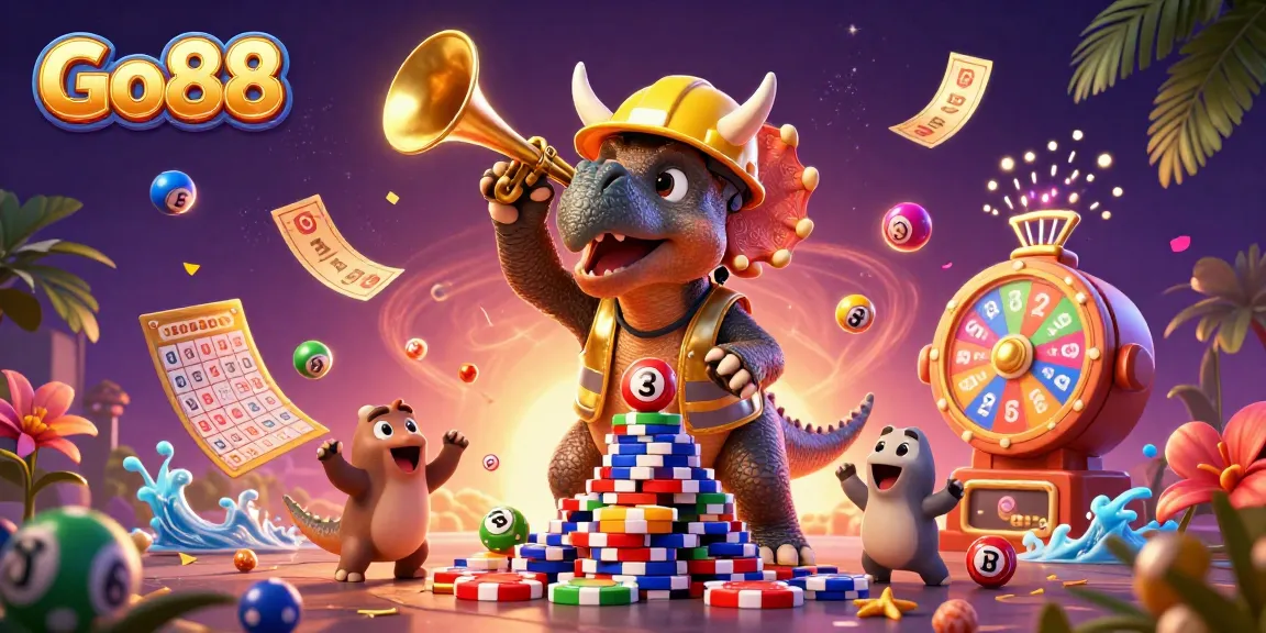 Enjoy the excitement at Go88 with colorful lottery balls and festive characters celebrating wins!