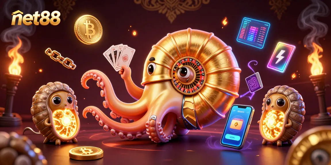 Engage with net88's advanced crypto casino scene featuring a giant nautilus and neon elements.