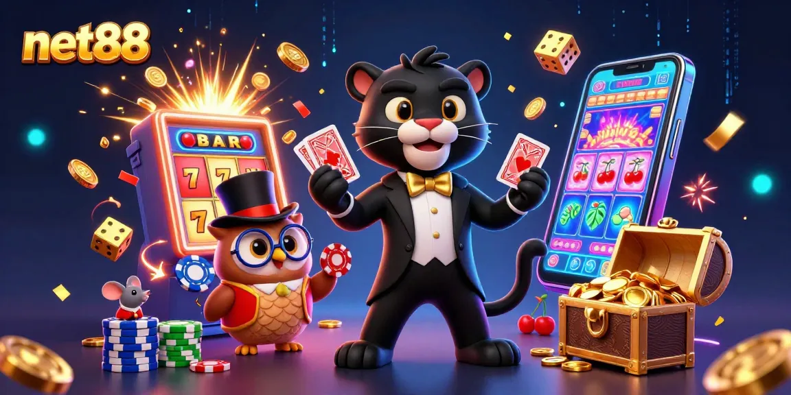 Net88 showcases vibrant 3D characters dealing cards and celebrating casino wins with dazzling elements.