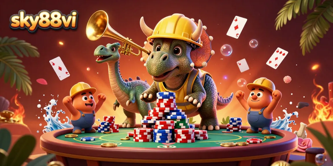 Sky88vi celebrates poker games with a lively triceratops and festive atmosphere in a vibrant scene.