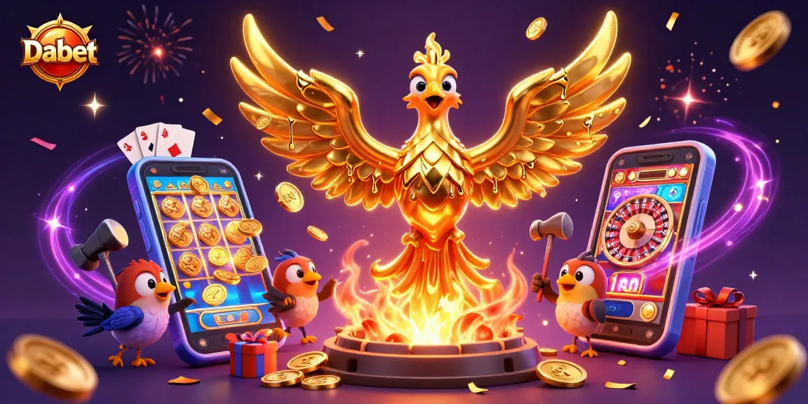 Dabet promises thrilling gaming experiences with a molten phoenix and vibrant casino elements in a dynamic scene.