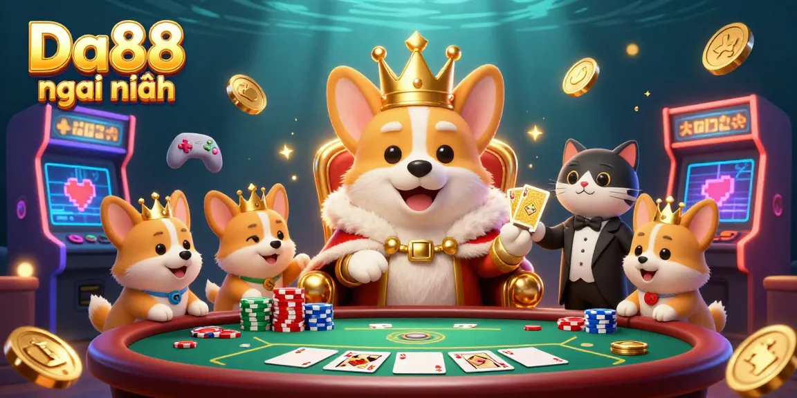 Engage with Da88 mới nhất through a colorful casino-themed illustration featuring corgis and gaming elements.