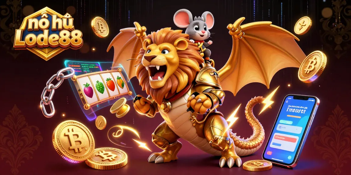 Experience nổ hũ Lode88 with vibrant slot reels and cryptocurrency elements in this dynamic casino illustration.