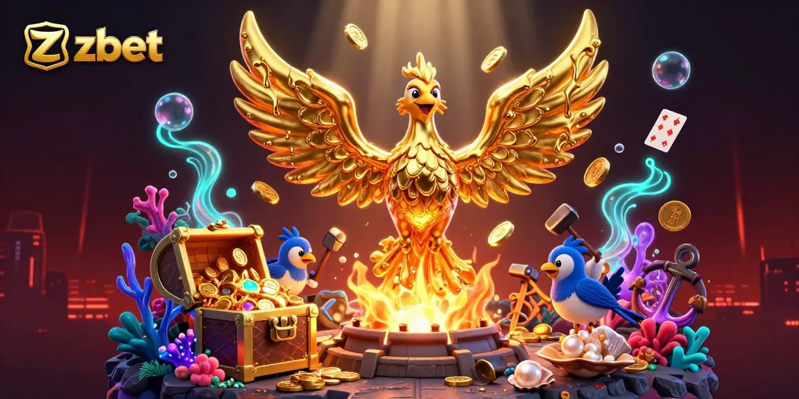 Engage with zbet's exciting casino world featuring a golden phoenix and treasures.