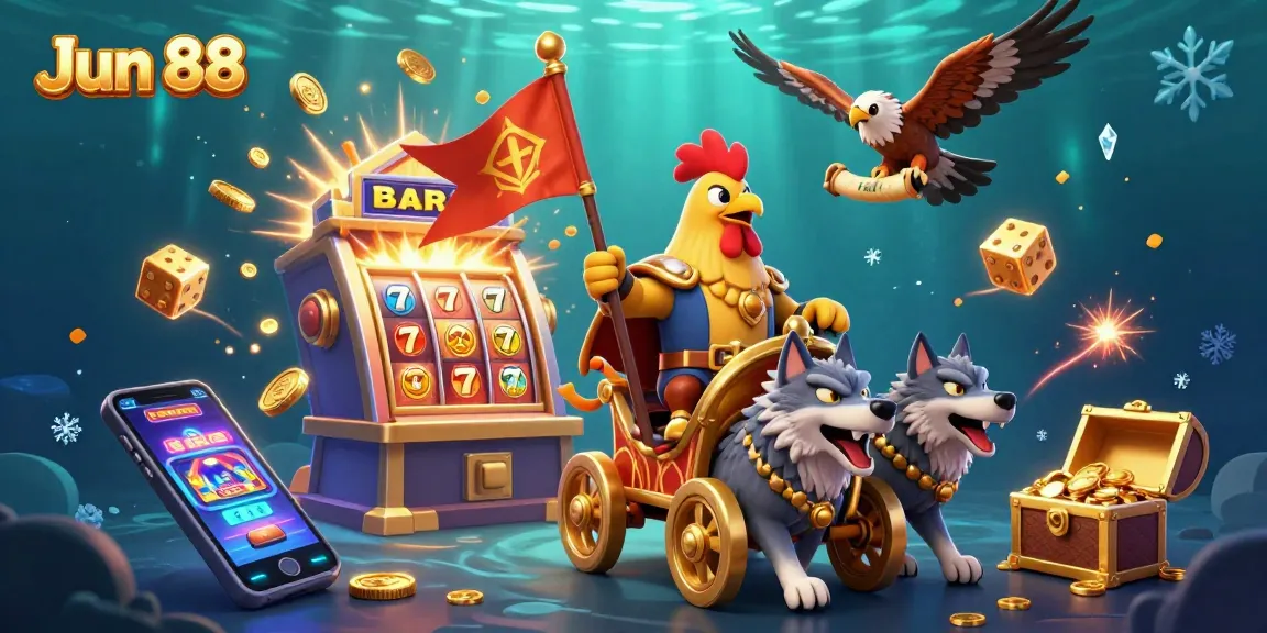 Experience the thrill of Jun 88 with the rooster warlord amidst a vibrant casino scene.