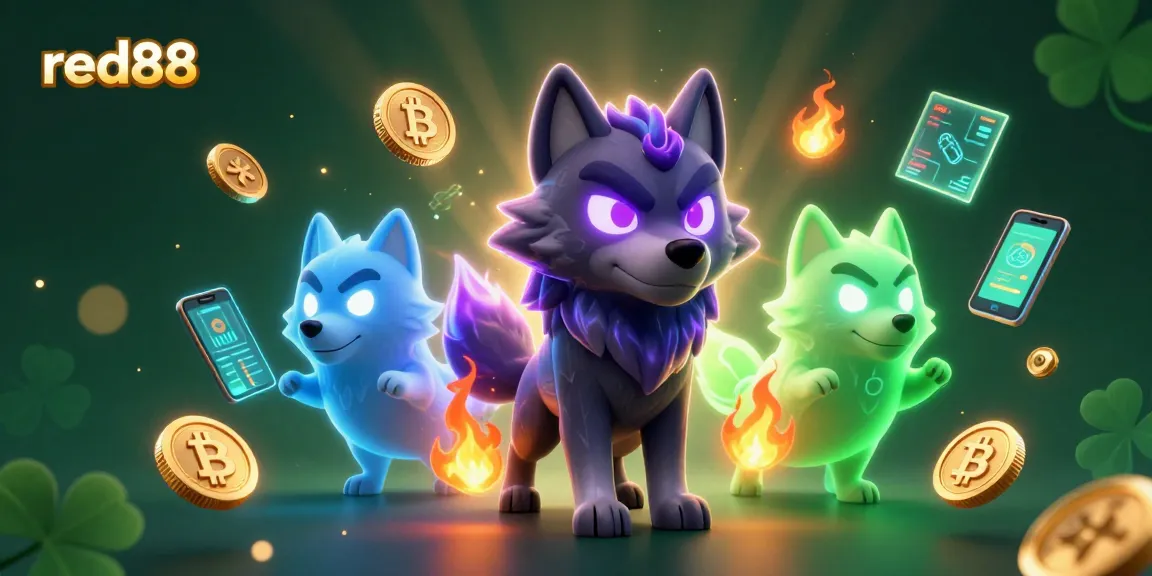 Engage with red88's vibrant crypto gambling scene featuring dynamic ghostly wolves and neon elements.
