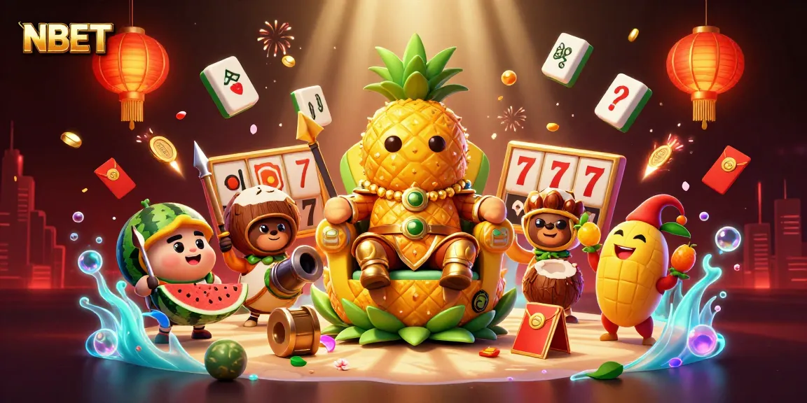Experience epic gameplay at NBET with a lively beach casino featuring vibrant characters and slot reels.