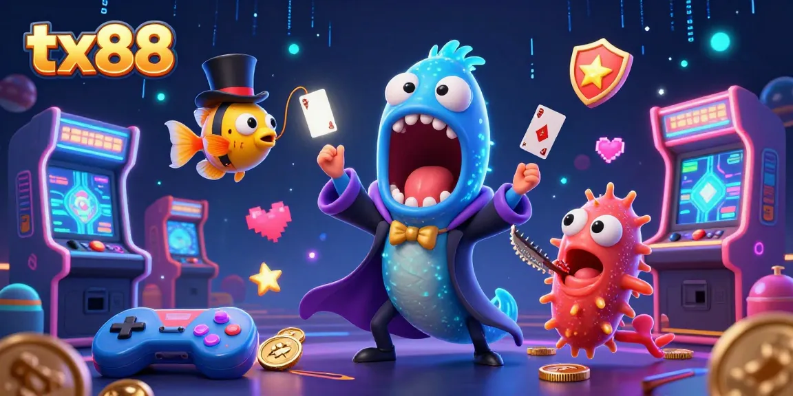 tx88 showcases a 3D bioluminescent gulper eel performing magic tricks in a vibrant casino scene.