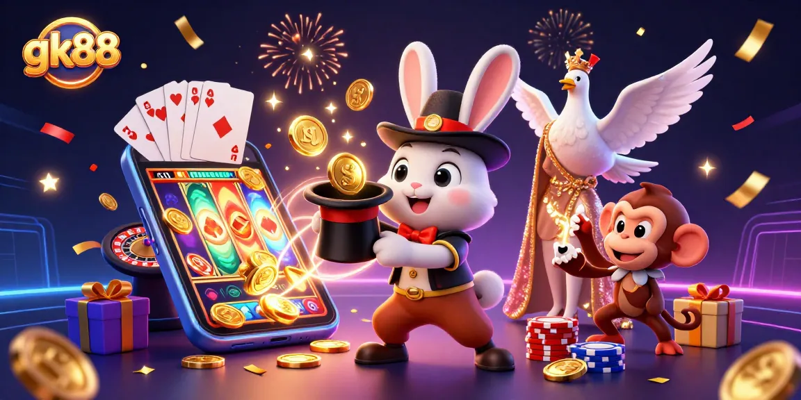 Các nhân vật gk88 hấp dẫn trong lễ hội casino với thỏ ma thuật và chim bồ câu lấp lánh.