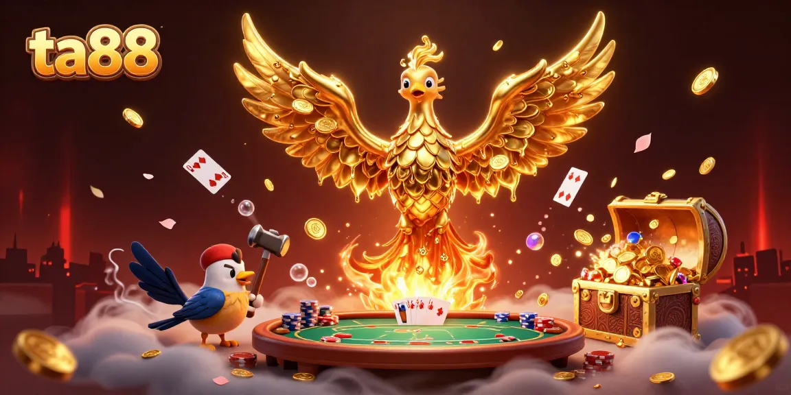 Experience winning strategies with ta88 in a vibrant poker-themed illustration featuring a golden phoenix.