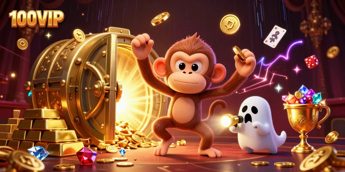 Experience thrill at 100VIP as the mischievous monkey juggles golden treasures in a haunted casino.