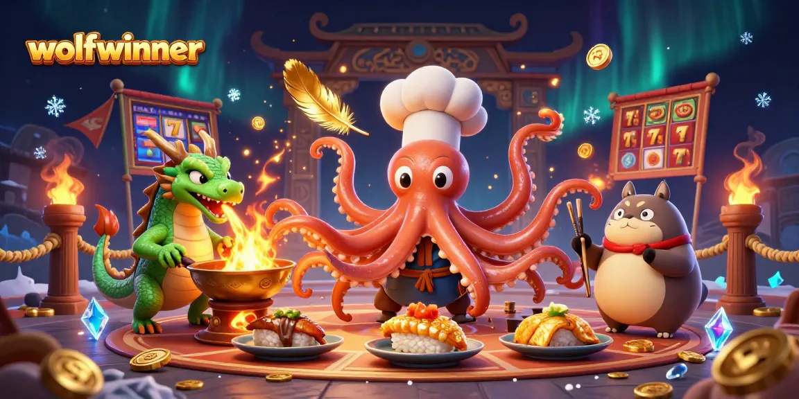Engage with wolfwinner at this vibrant casino illustration featuring a sushi chef octopus preparing golden dishes.