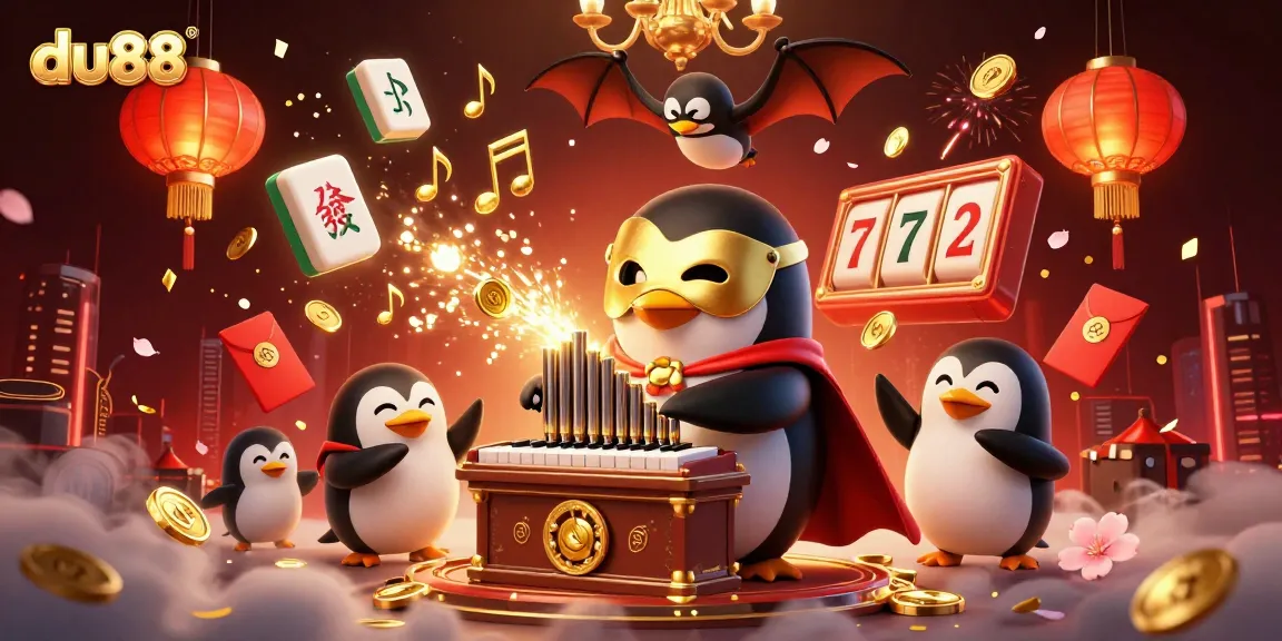 Experience the thrill of du88 with a vibrant and detailed 3D casino scene featuring a penguin and dynamic game elements.