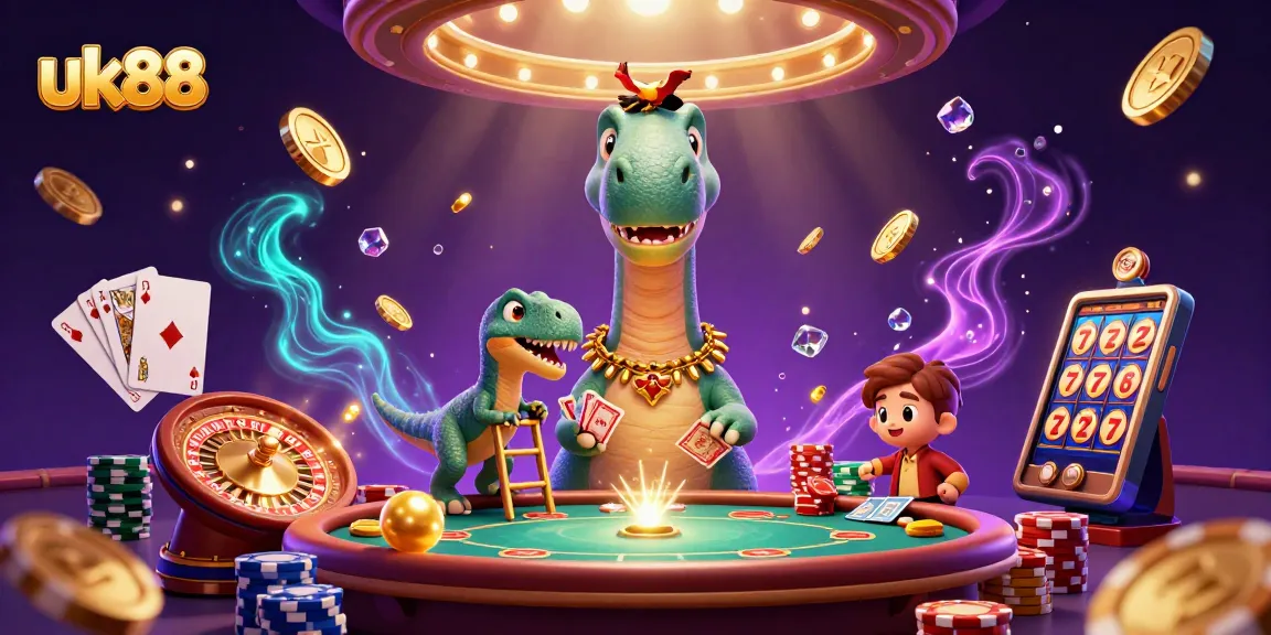 Experience uk88's lively casino scene with a giant brontosaurus and raptor dealer amidst thrilling games.