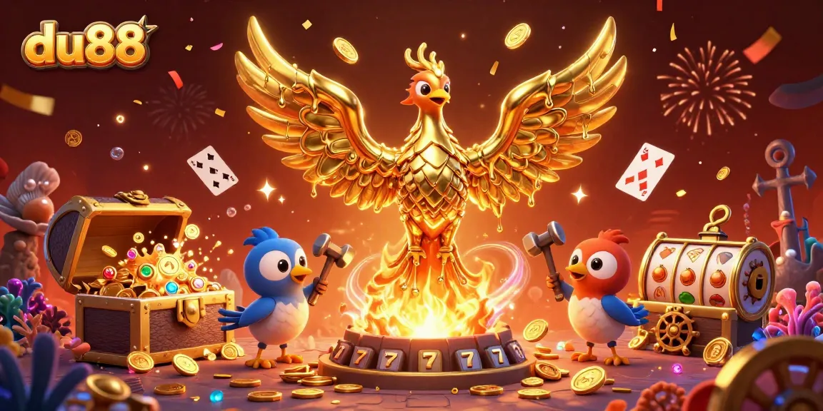 Experience the excitement of du88 with a golden phoenix symbolizing jackpots amongst rich casino imagery.