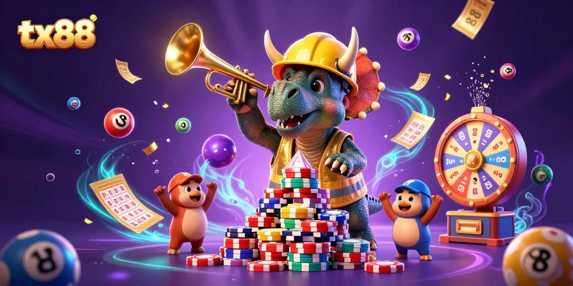 Engage with tx88 in this vibrant scene of casino fun featuring dinosaurs, poker chips, and lottery elements.