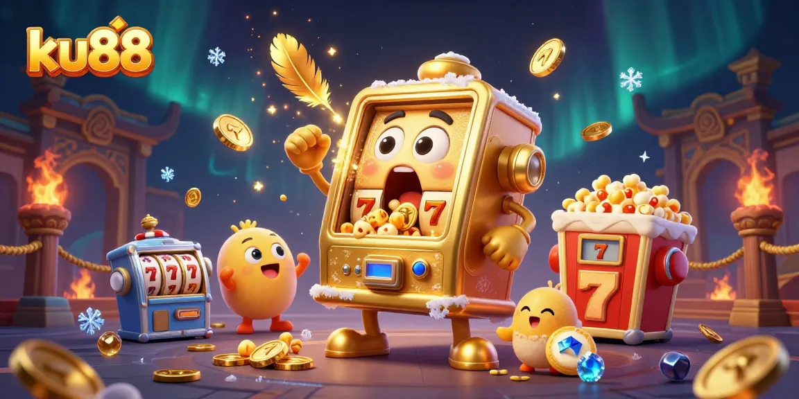 ku88 jackpot scene featuring a golden slot machine, coins pouring, and cheering baby slots