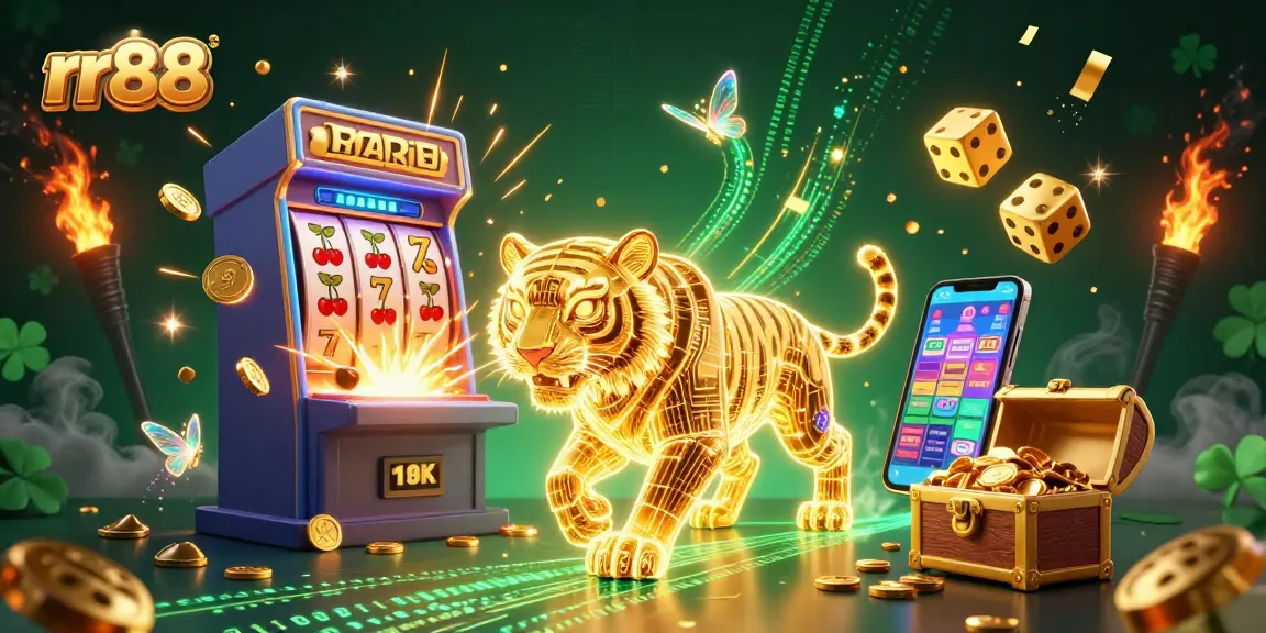 Experience the thrill of rr88 with a vibrant casino scene featuring a golden tiger and jackpot excitement.