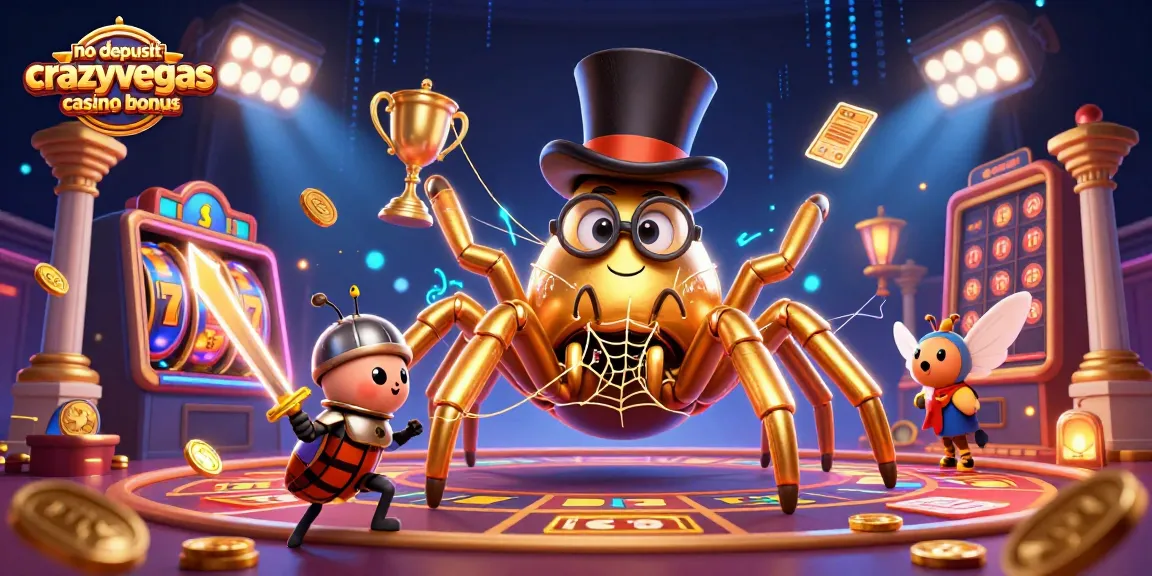 No deposit crazyvegas casino bonus showcases a dynamic scene with a golden tarantula, beetle knight, and casino elements.